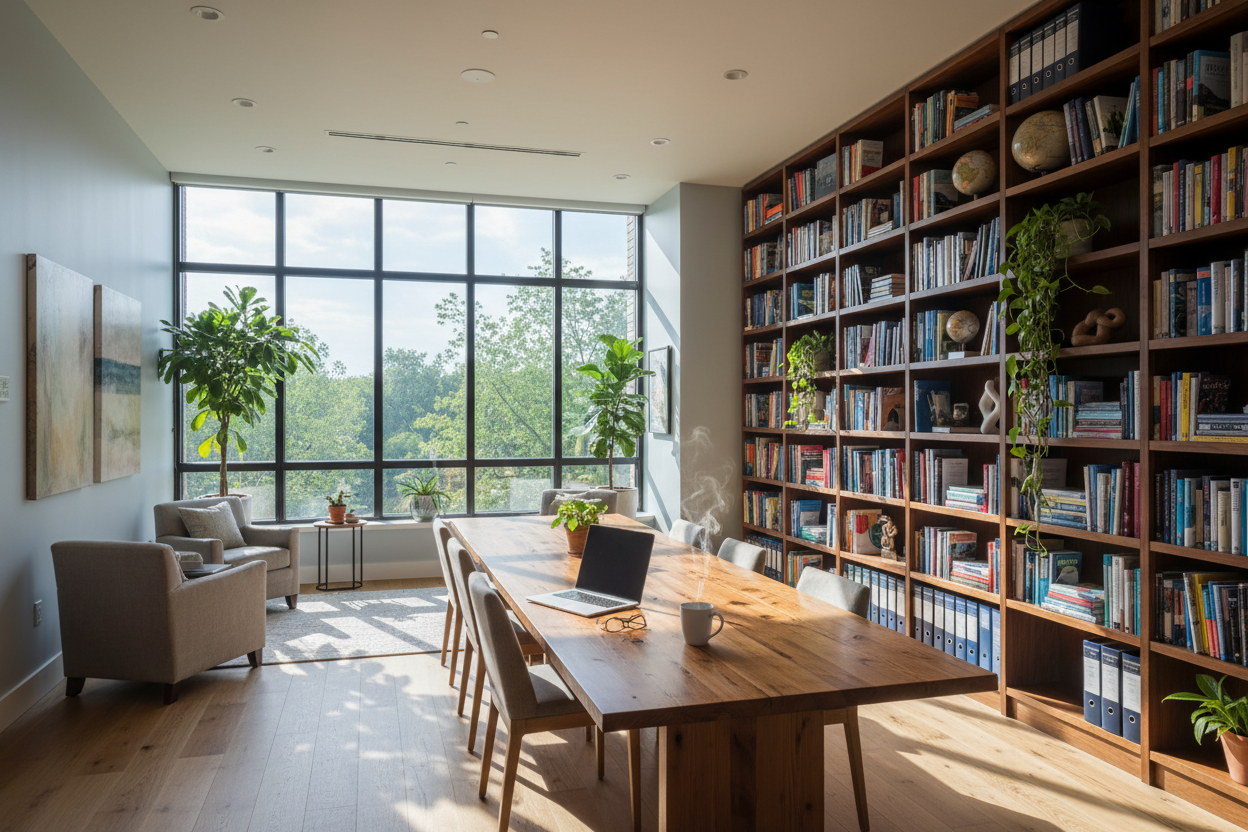 Faculty lounge, light and bright but calming with a computer next to a steaming cup of coffee on the long wood table, bookshelf and large windows with plants warming the space.