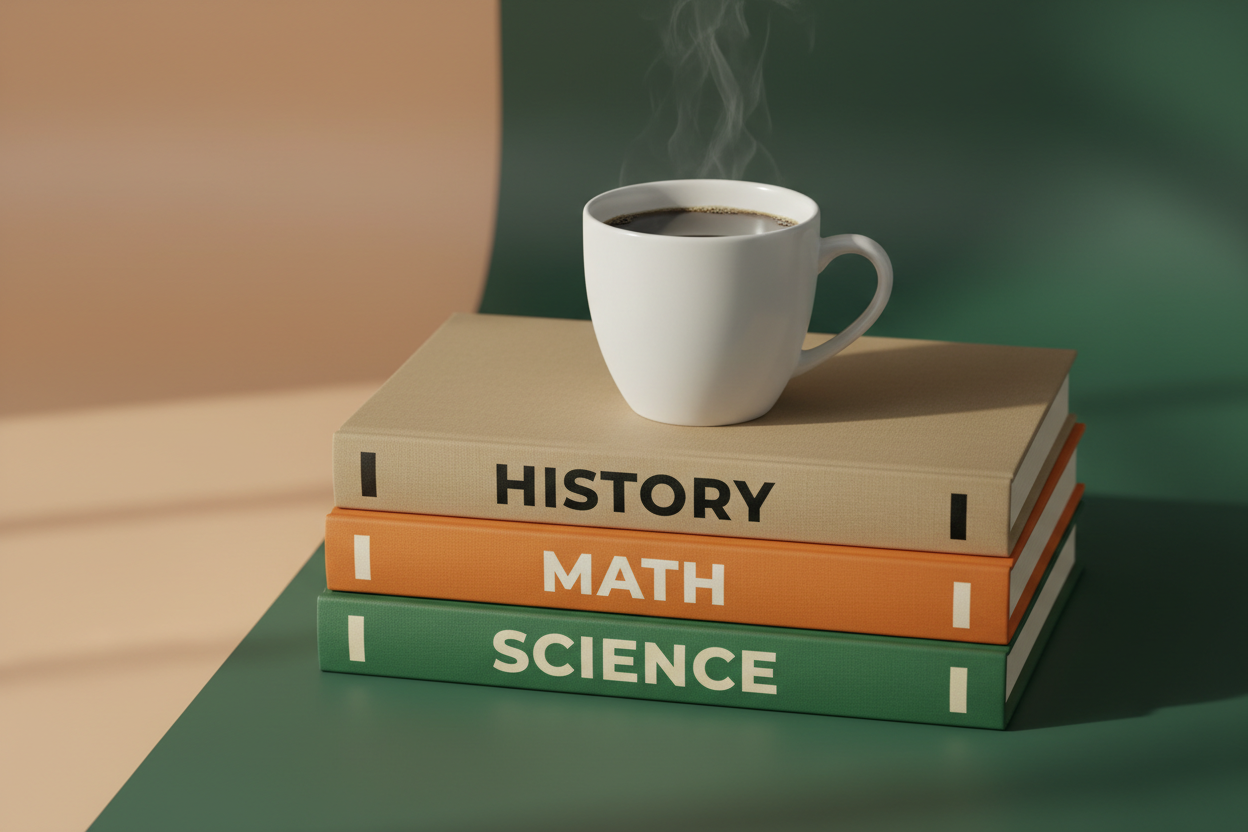 white cup of coffee sitting on 3 books- history, math, science. tan, orange, and forest green colors