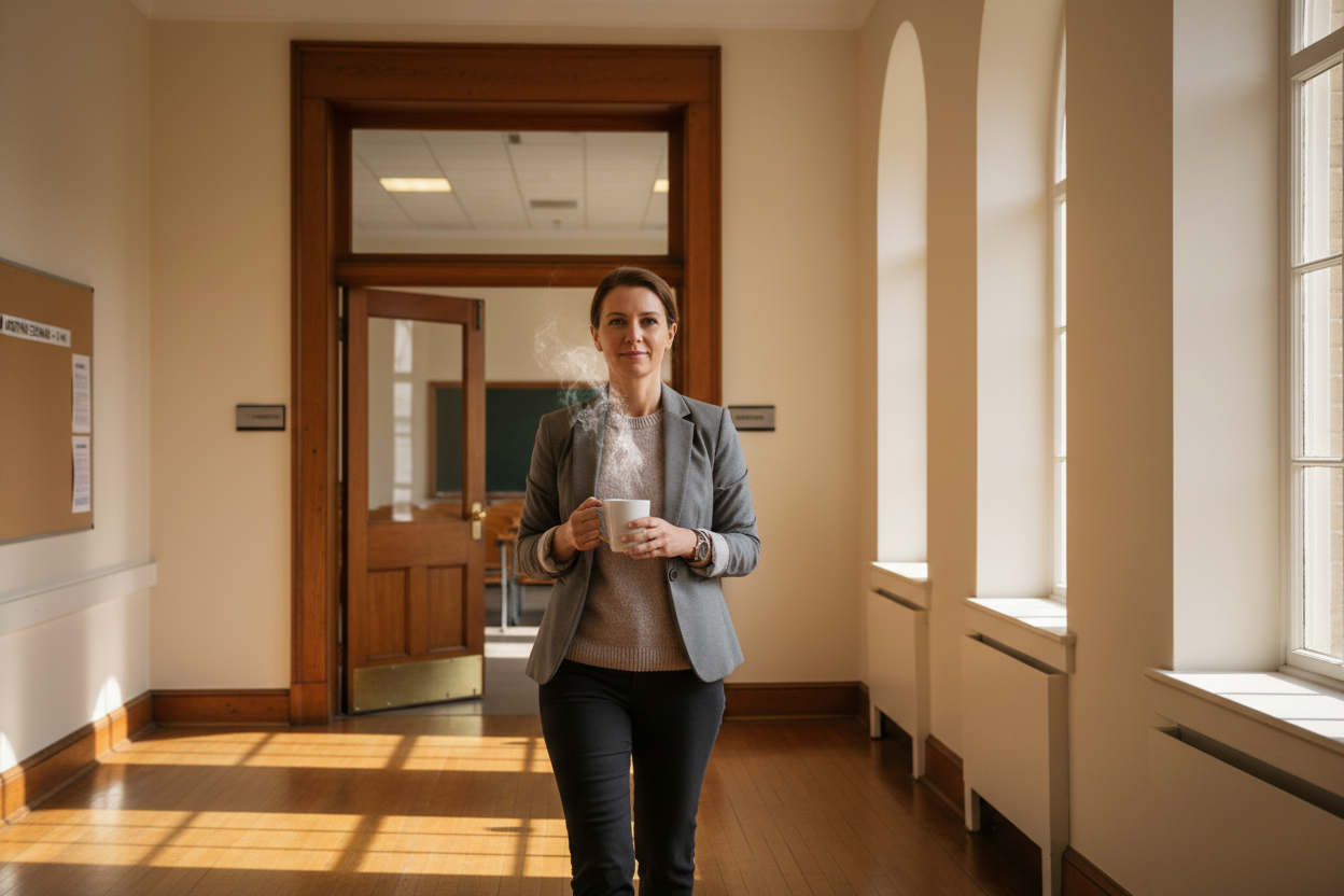 women walking and holding a cup of steaming coffee to classroom